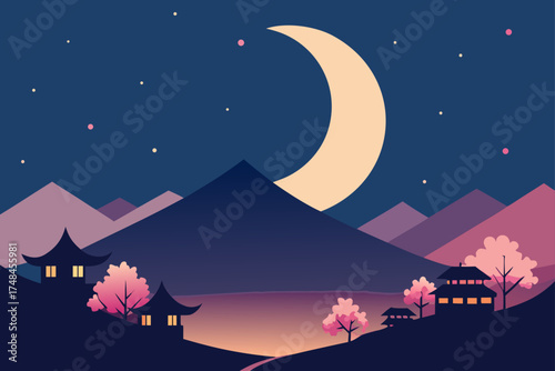 Serene japanese landscape under a crescent moon with traditional pagodas and cherry blossom trees at dusk