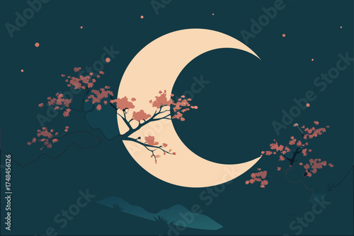 Serene crescent moon illuminates delicate branches of blooming cherry blossom trees against a dark night sky with scattered stars and subtle hills below
