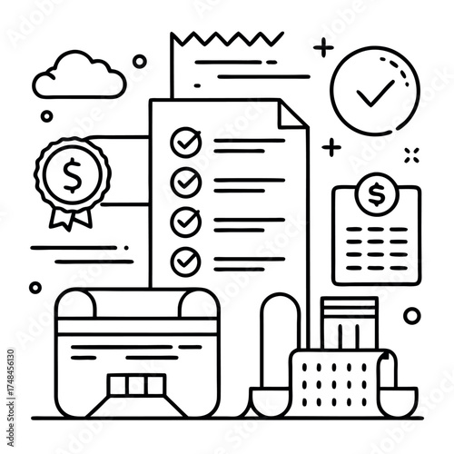 Minimal line art illustration of business planning and project management, checklist, laptop, chat bubble, and financial icons in black and white outline style