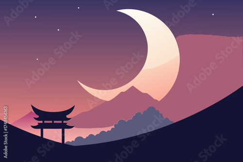 Serene minimalist landscape featuring a large crescent moon and silhouetted traditional japanese gate against a gradient twilight sky with distant mountains and stars