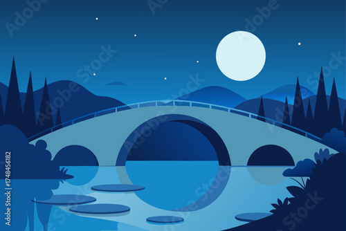 Serene night landscape with a stone bridge arching over calm water under a full moon and starry sky with silhouetted trees and hills