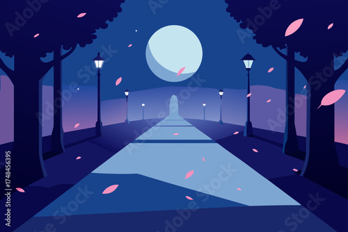 Enchanting nocturnal pathway illuminated by vintage lampposts under a large full moon with falling pink petals creating a magical atmosphere