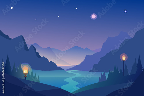 Serene mountain landscape with a winding river under a twilight sky with stars and a glowing moon illuminated by vintage street lamps