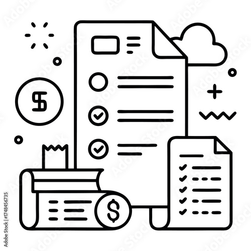 Minimal line art illustration of business planning and project management, checklist, laptop, chat bubble, and financial icons in black and white outline style