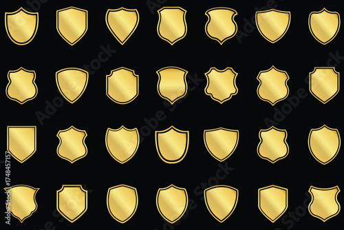 Gold metal shields frames set. Blank golden Security shield plaque with decorative edges and screw holes. Set of emblem or badge gold shield. Military emblem isolated on black background. 