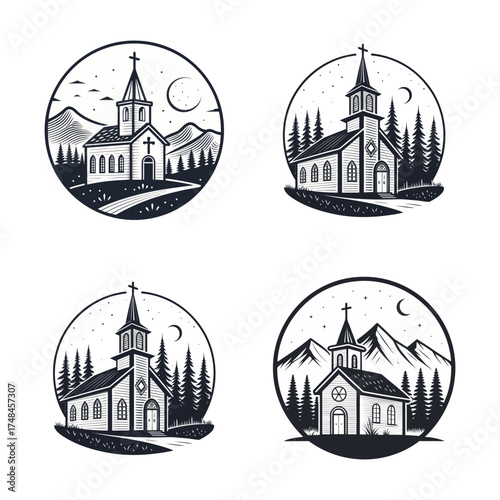 Four Serene Church Circles in Nighttime Landscape with Mountains and Forests Exhibition