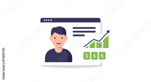 Illustration of a person with a growth chart and money symbols.