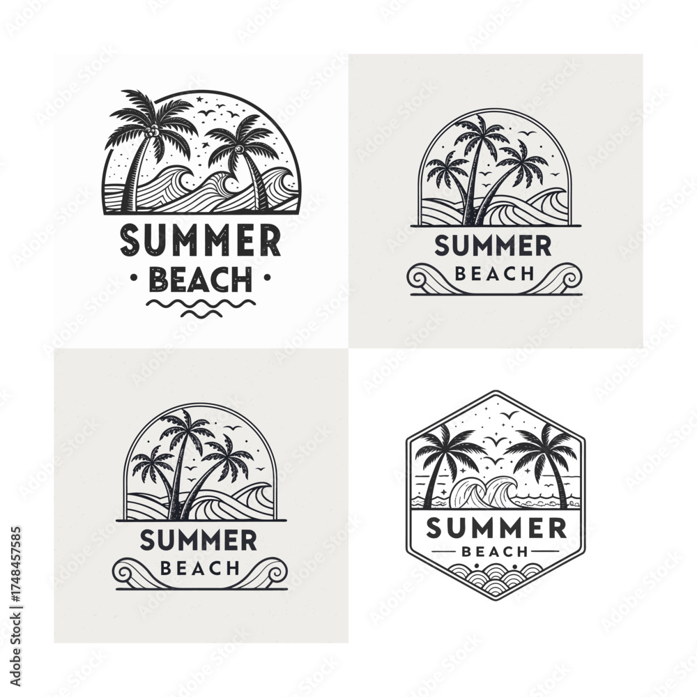 Fototapeta premium Summer Beach Vintage Logo Set With Palm Trees, Waves, And Ocean Elements
