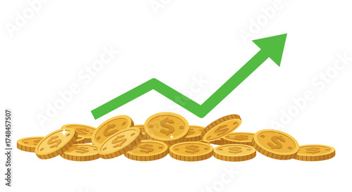 Pile of gold coins with a green arrow pointing upwards, indicating growth.