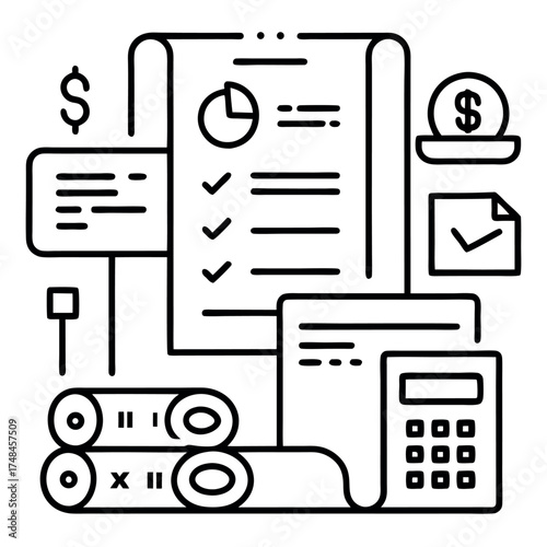 Minimal line art illustration of business planning and project management, checklist, laptop, chat bubble, and financial icons in black and white outline style