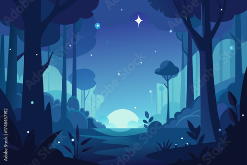 Enchanting twilight forest scene with a glowing moonrise over a serene landscape and a starry night sky above