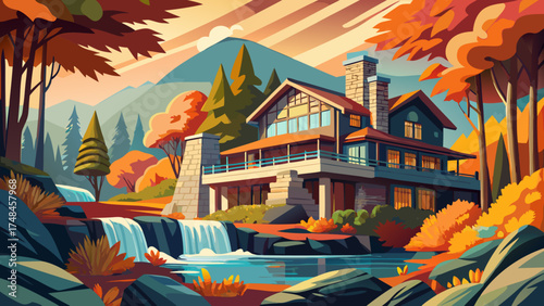 Very beautiful house above Bear Run Falls, a U.S. National Historic Landmark, vector-style autumn landscape capturing harmony of architecture and nature.