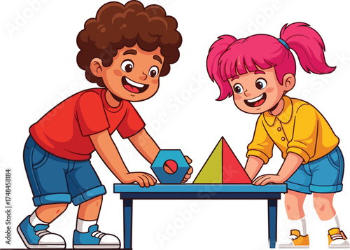 Children learning geometry with 3D shapes, kids playful education, fun activity, joyful childhood, imagination, creativity, teamwork, discovery, classroom, spatial reasoning