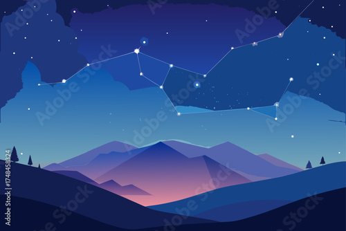 Vast starry night sky with a constellation overlayed above a silhouetted mountain range and rolling hills