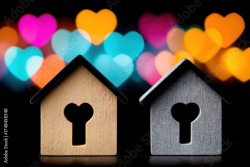 Two wooden houses with heart-shaped keyholes are set against a bright bokeh background, creating a romantic atmosphere
