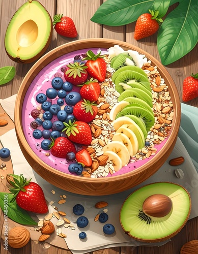 Vibrant healthy bowl of fruit and granola.  A colorful and appetizing image