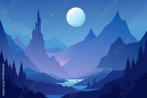 Enchanting minimalist landscape featuring a majestic castle silhouette against a vibrant moonlit sky and serene blue mountain ranges