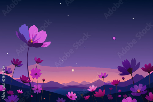 Vibrant purple and pink cosmos flowers bloom against a twilight sky with distant mountains and a glowing moon