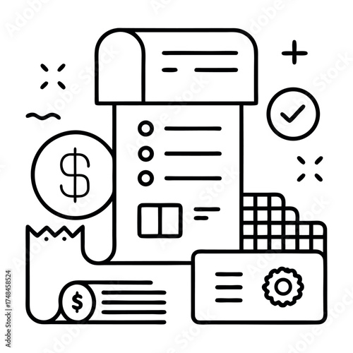Minimal line art illustration of business planning and project management, checklist, laptop, chat bubble, and financial icons in black and white outline style
