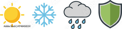 Flat Minimal Vector Icon Collection of Weatherproof and Climate Resistance Symbols for Outdoor Equipment, Buildings, and Devices.