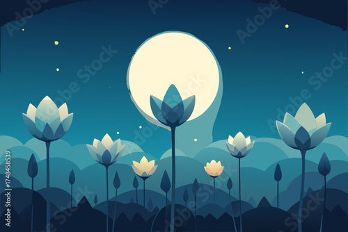 Tranquil night scene with glowing lotus flowers blooming under a large full moon and starry sky