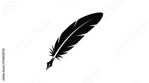 Black silhouette of a classic quill pen with detailed feather texture on a white background