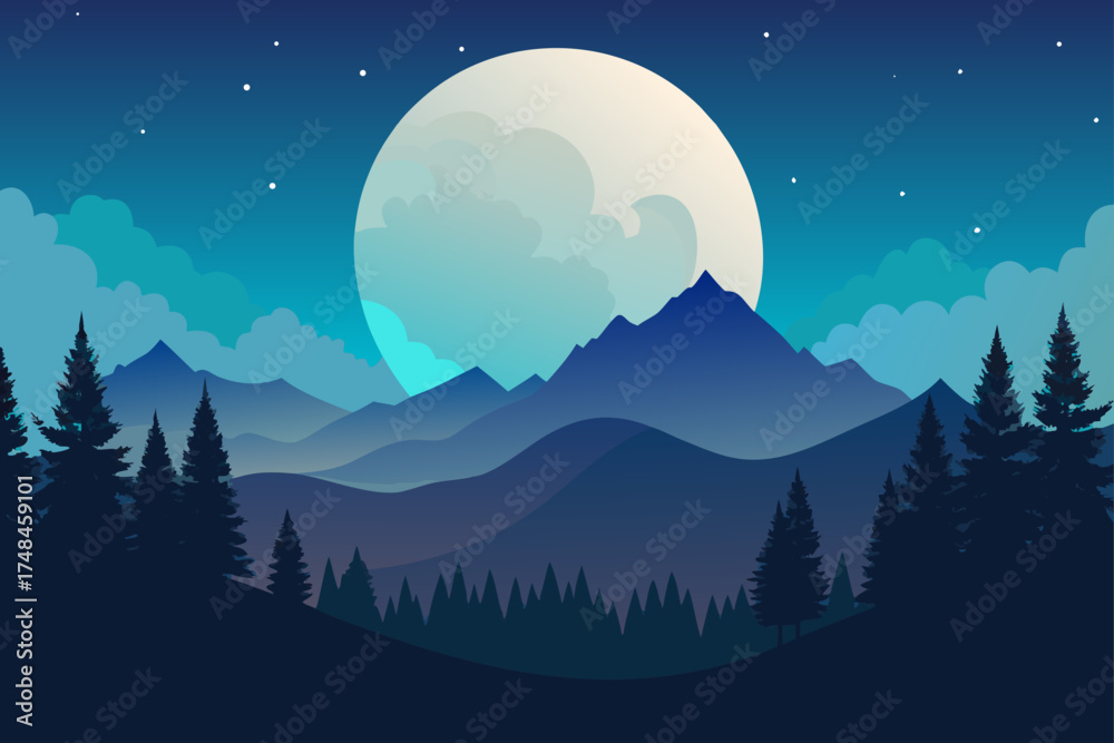 Fototapeta premium Serene night landscape with a giant full moon illuminating layered blue mountains and silhouetted pine trees under a starry sky