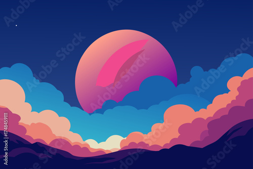 Vibrant gradient planet rises above dreamlike clouds and silhouetted mountains under a starry night sky