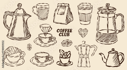 Hand-drawn vector set of coffee shope illustrations, suitable as icons or sketches for restaurant and cafe beverage design