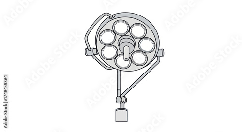 Detailed line art illustration of a classic surgical operating room lamp with an articulated arm.