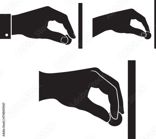 Three black hand silhouettes performing a magic trick with a coin isolated on white background silhouette