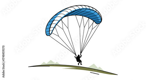 Paraglider with Blue Canopy Soaring Above Ground.