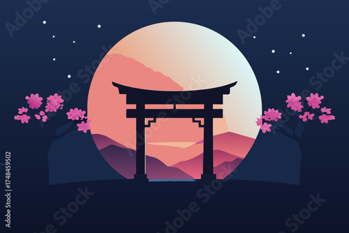 Serene japanese torii gate silhouette against a vibrant sunset sky with cherry blossoms and distant mountains