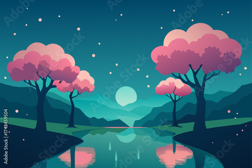 Serene twilight landscape with silhouetted trees bearing pink blossoms reflected in a calm lake under a starry sky and a glowing moon