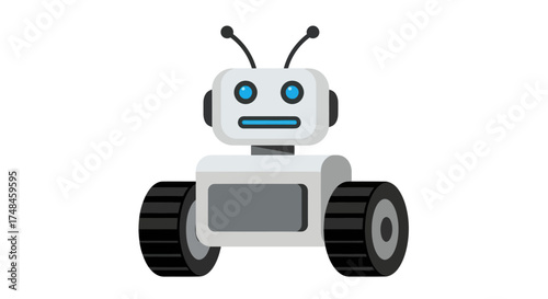 A cute white cartoon robot on two large black wheels with blue eyes and antennae.