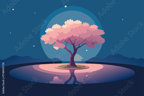 Serene night landscape featuring a solitary blooming cherry blossom tree reflecting in calm water under a starry sky and a large moon