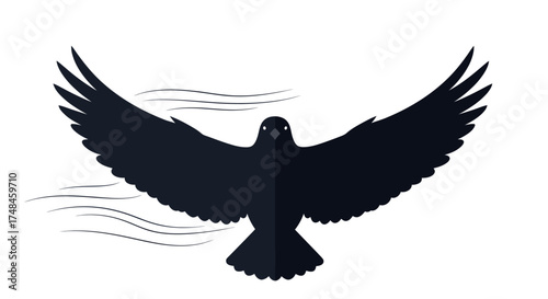 Stylized Black Bird Flying with Wide Wings Spread.