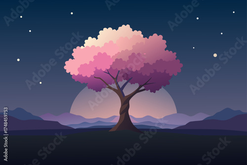 Serene twilight landscape with a solitary blooming tree under a starry sky and a large moon behind rolling mountains