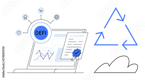 Laptop with financial graphics, connected DeFi icons, verified document, circular arrows, and cloud. Ideal for finance, blockchain, cryptocurrency, sustainability technology decentralization