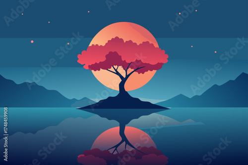 Serene minimalist landscape featuring a solitary tree with vibrant red foliage silhouetted against a large orange moon and calm reflective water
