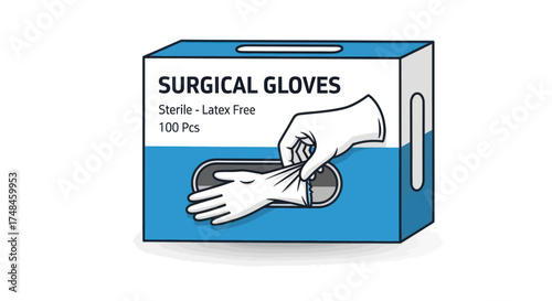 A blue and white dispenser box of sterile latex-free surgical gloves illustrated in a clean vector style.