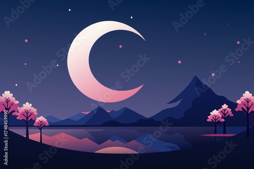 Serene minimalist landscape featuring a large crescent moon and stylized pink trees reflected in a calm body of water under a starry night sky with distant mountains