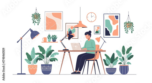 Woman working at desk with laptop in bright, plant-filled home office.