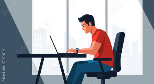 Illustration of a man working on a laptop at a desk in an office.