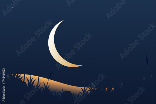 A serene night sky with a luminous crescent moon and scattered stars illuminating a silhouetted grassy landscape below