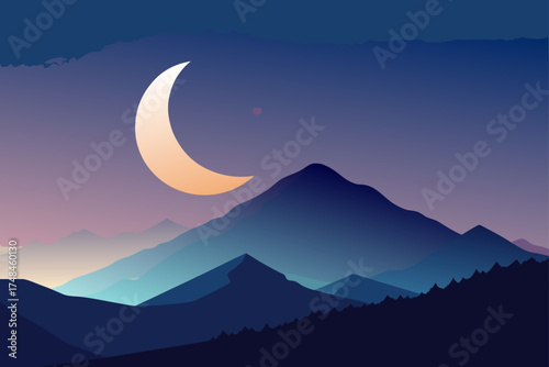 A stylized minimalist landscape featuring a glowing crescent moon above silhouetted mountain ranges and a gradient sky at twilight