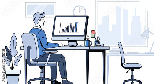 Man working at a computer in an office with a graph on the screen.