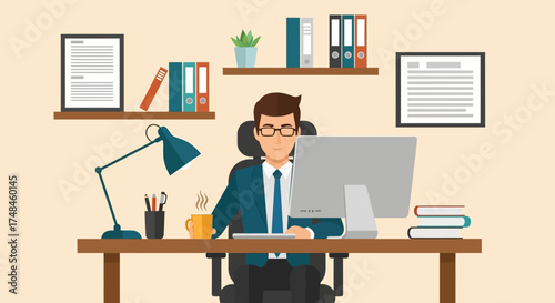 Illustration of a man sitting at a desk working on a computer in an office.