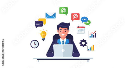 Illustration of a man working at a desk with various icons around him.