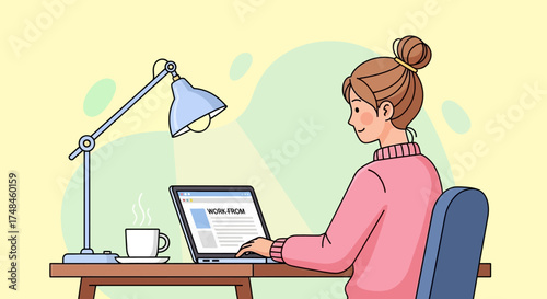 Illustration of a woman working on a laptop at a desk with a lamp and coffee.